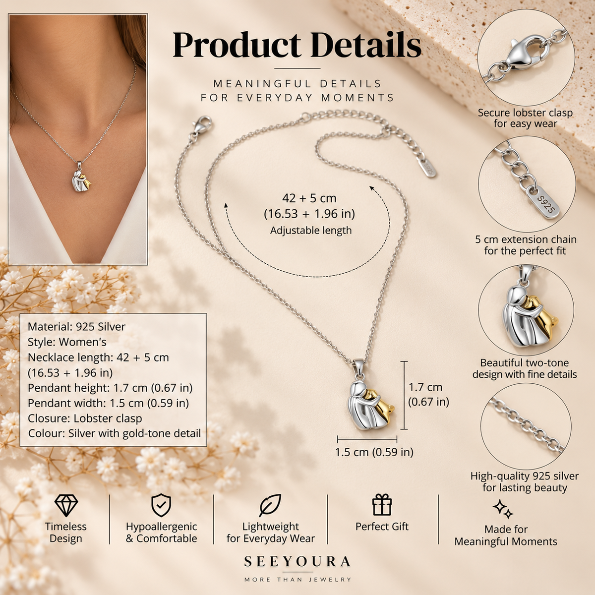 Silver lobster clasp necklace with a two-tone gold and silver pendant, shown with product details, dimensions, material info, and close-up feature callouts on a beige textured background.