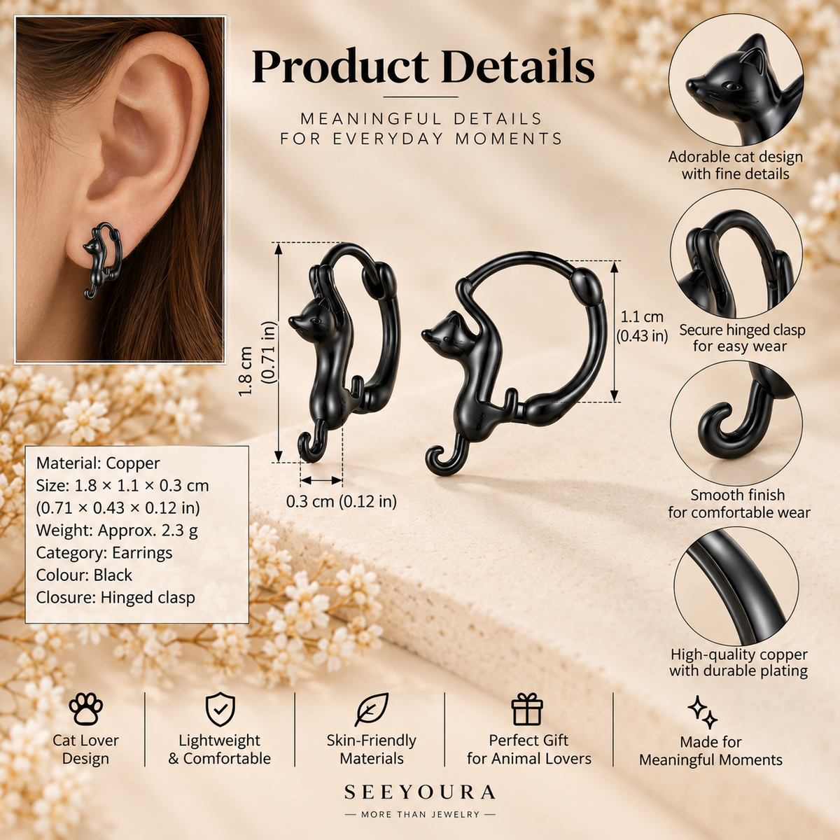 Product details graphic for a black cat-shaped lobe ear cuff, showing the earring on a model's ear, front and side views with dimensions, material specs, and feature callouts on a beige textured background.