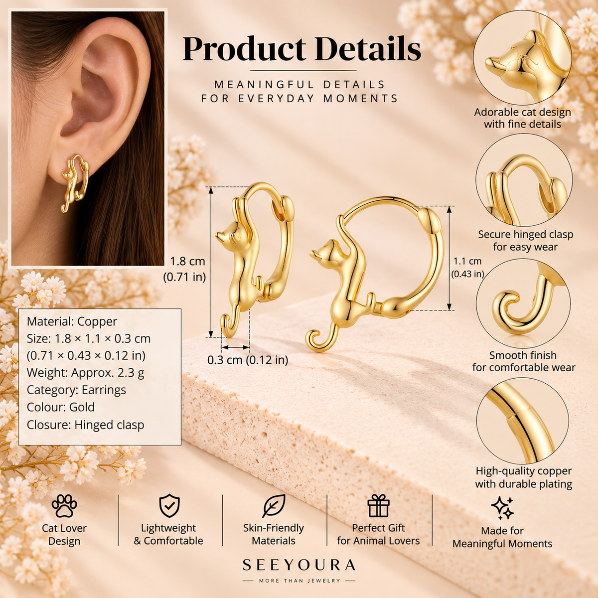 Gold cat-shaped hinged clasp earrings shown in a product details infographic with a model wearing one earring, dimensions, material info, and feature callouts on a warm beige background.