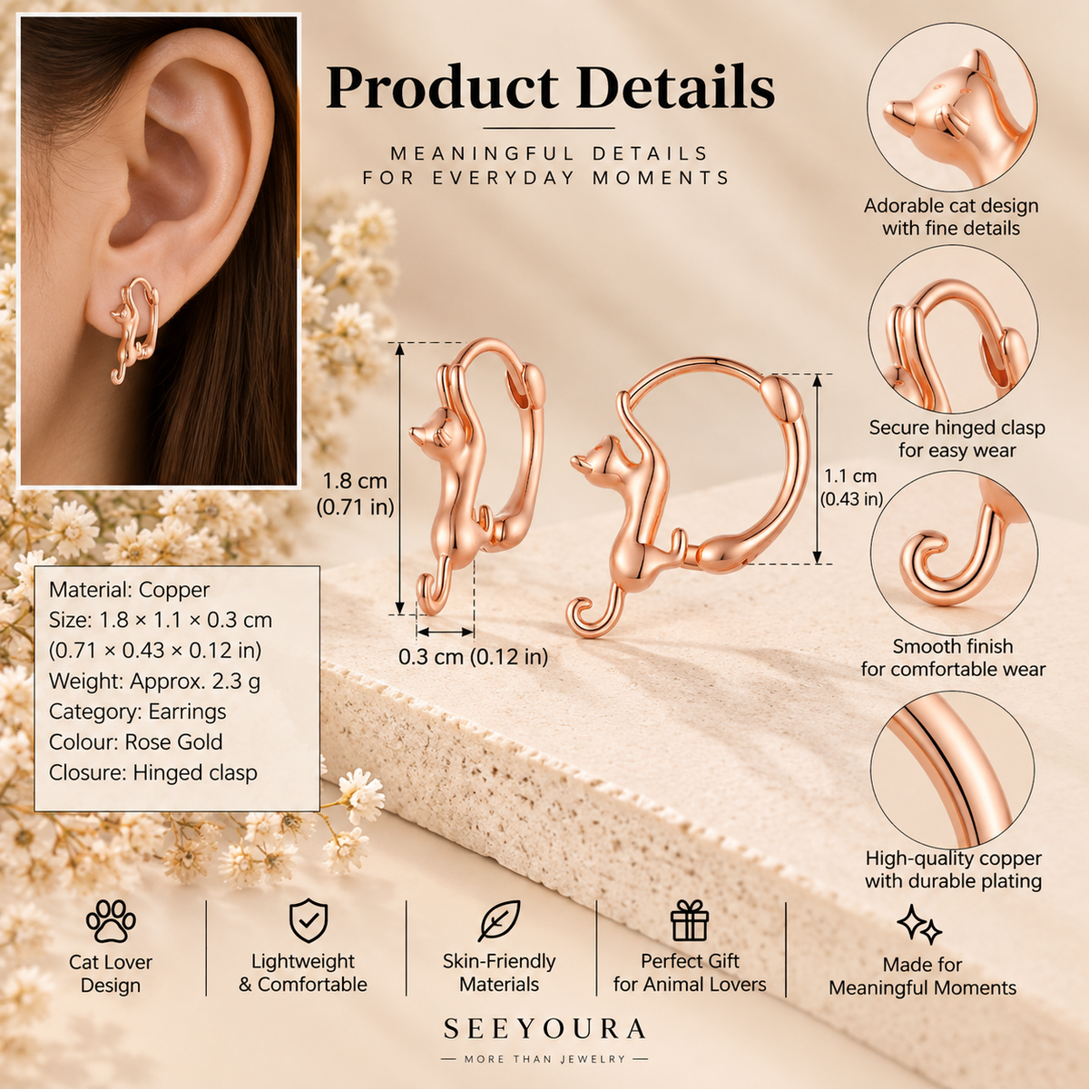 Product details graphic for a rose gold cat-shaped hinged ear cuff, showing a model's ear with the earring, dimensions, material specs, and feature callouts on a beige textured background.
