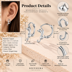 Silver cat-shaped hinged clasp ear cuff shown in a product details infographic with a model ear photo, dimensions, material info, and feature callouts on a beige textured background.