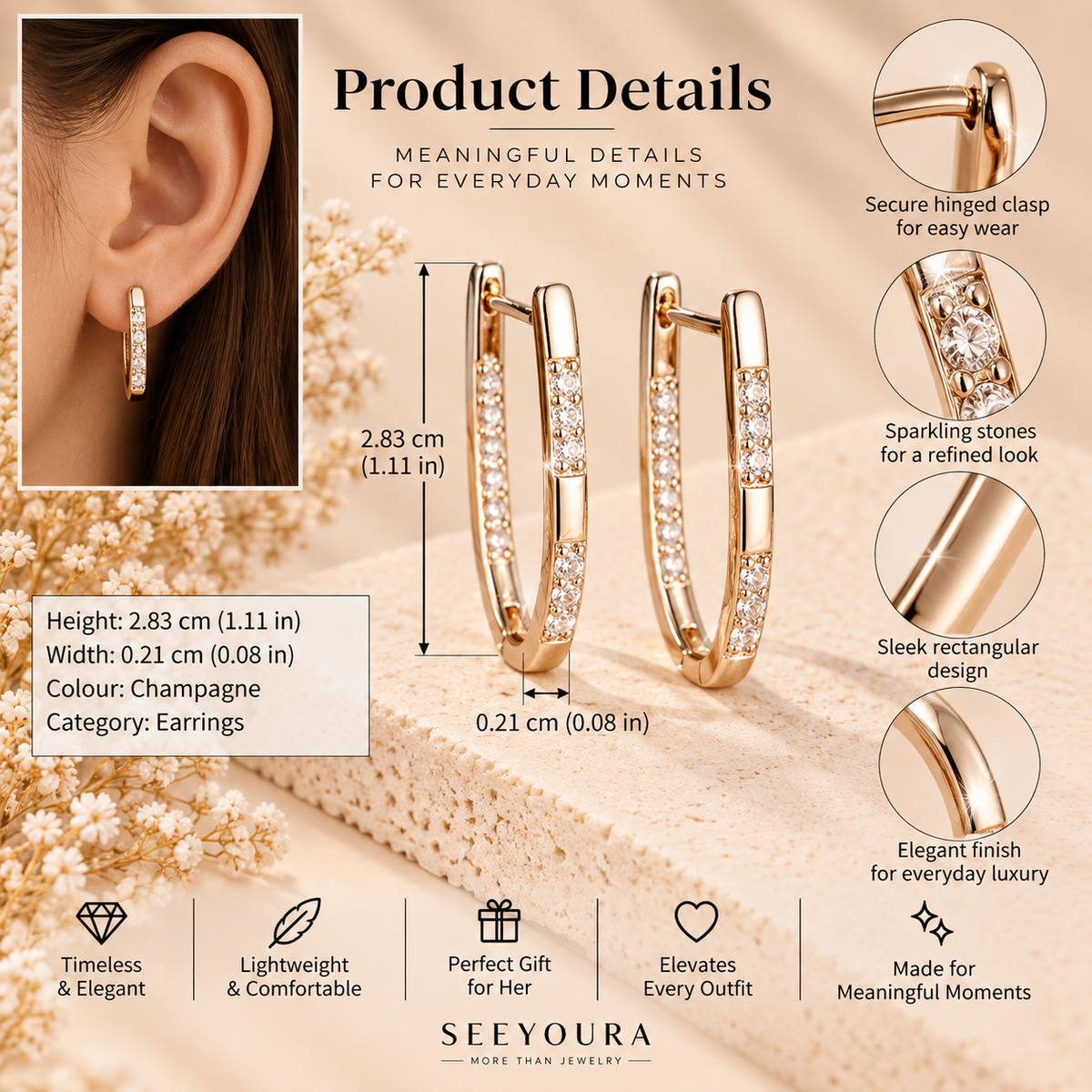 Gold huggie hoop earrings with pavé-set clear stones, shown in a product details infographic with a model inset, dimensions, feature callouts, and the SEEYOURA brand name.