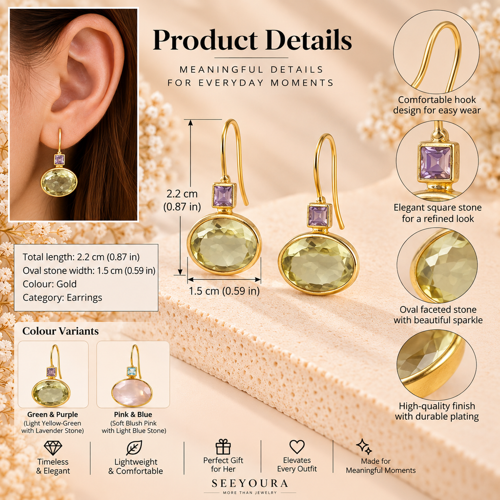 Product details infographic for gold oval faceted stone earrings with purple accent stones, showing the earrings, dimensions, close-up detail callouts, color variants, and a model ear wearing one earring on a beige textured background.