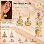 Product details infographic for gold oval faceted stone earrings with purple accent stones, showing the earrings, dimensions, close-up detail callouts, color variants, and a model ear wearing one earring on a beige textured background.