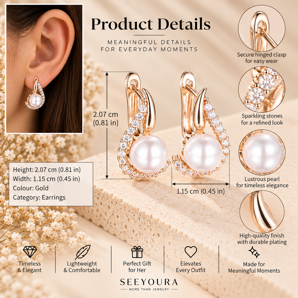 Product details graphic for a gold and pearl hoop earring, showing a model's ear wearing the earring, dimension measurements, feature callouts, and the SEEYOURA brand logo.