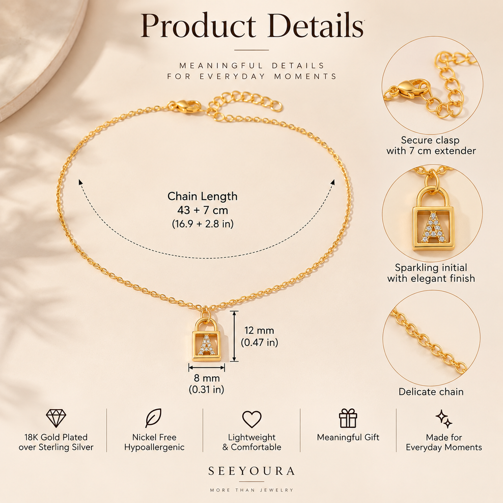 Product details infographic for a SEEYOURA gold-plated and sterling silver lock pendant necklace, showing the full chain length, dimensions of the lock pendant, close-up detail circles, and key features on a beige background.