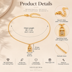 Product details infographic for a SEEYOURA gold-plated and sterling silver lock pendant necklace, showing the full chain length, dimensions of the lock pendant, close-up detail circles, and key features on a beige background.