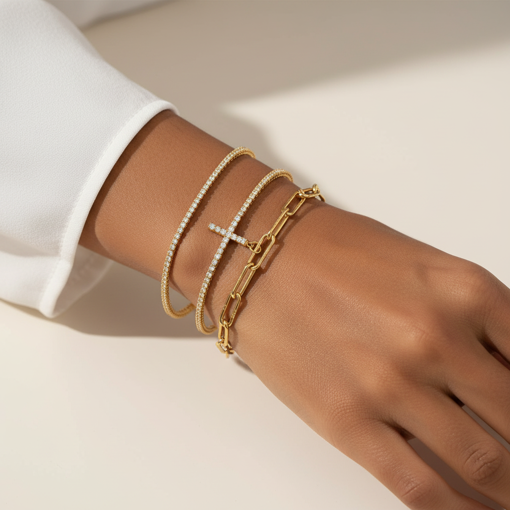 Gold Cross Bracelet Set — On the Wrist Dark