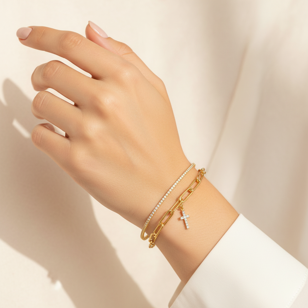 Gold Cross Bracelet Set — On the Wrist Light