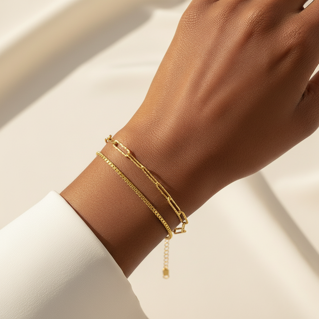 Gold Tennis & Paperclip Bracelet Set — On the Wrist Dark
