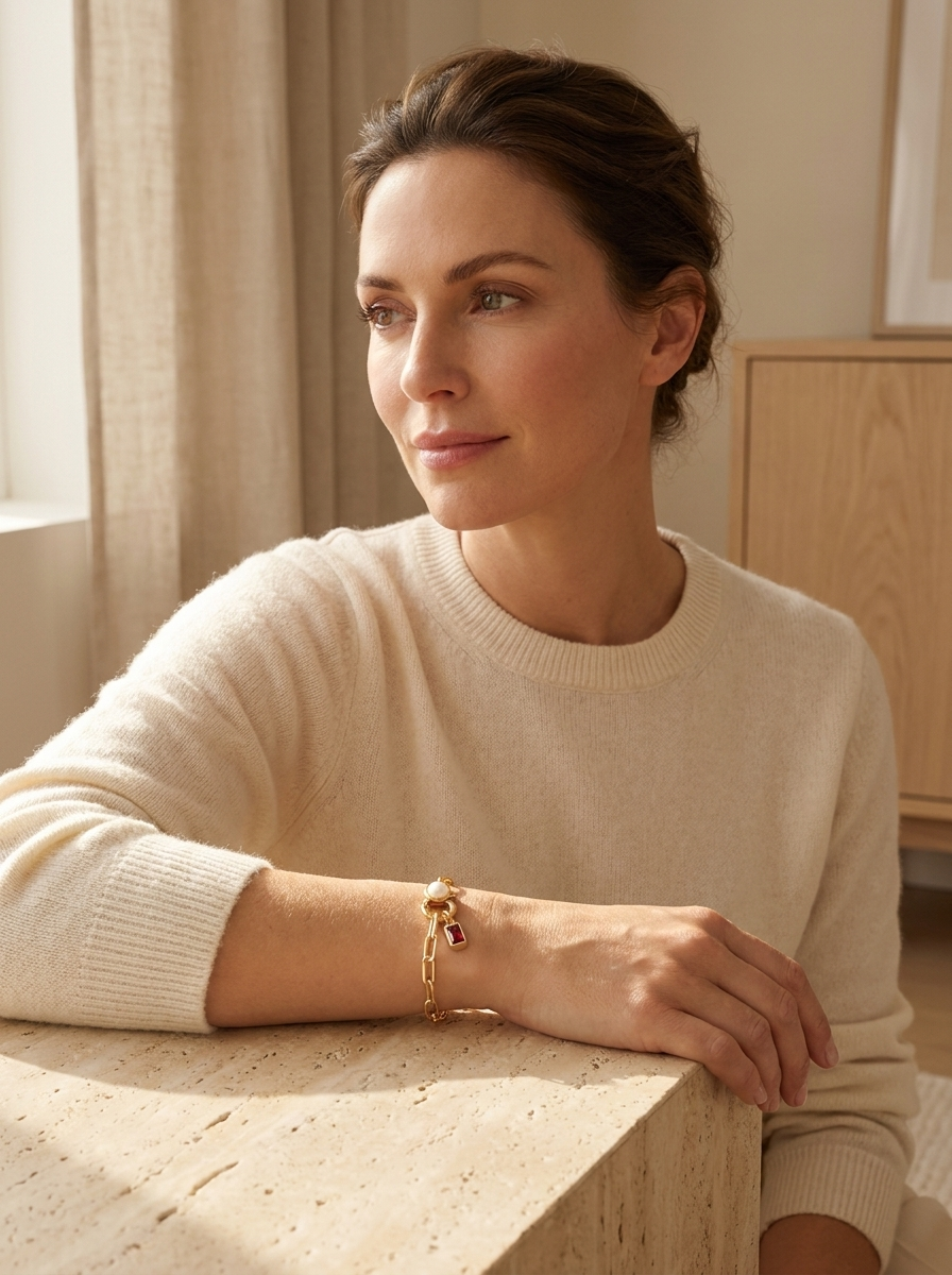 Paperclip Bracelet with Pearl Accent with Dainty Baguette Birthstone Charm