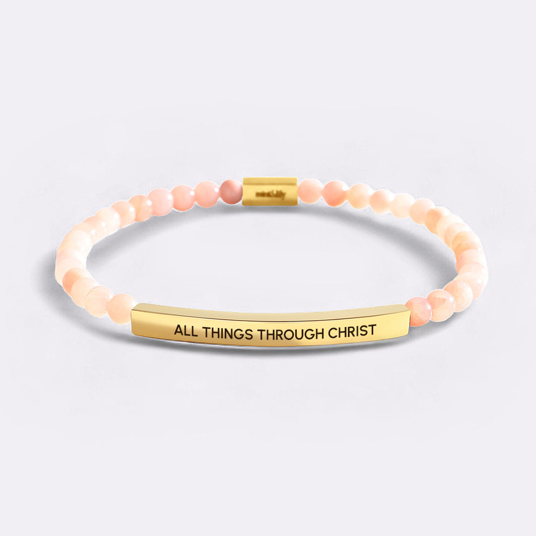 All Things Through Christ Beaded Inspire Bracelet in gold-plate-and-rose-quartz by Seeyoura
