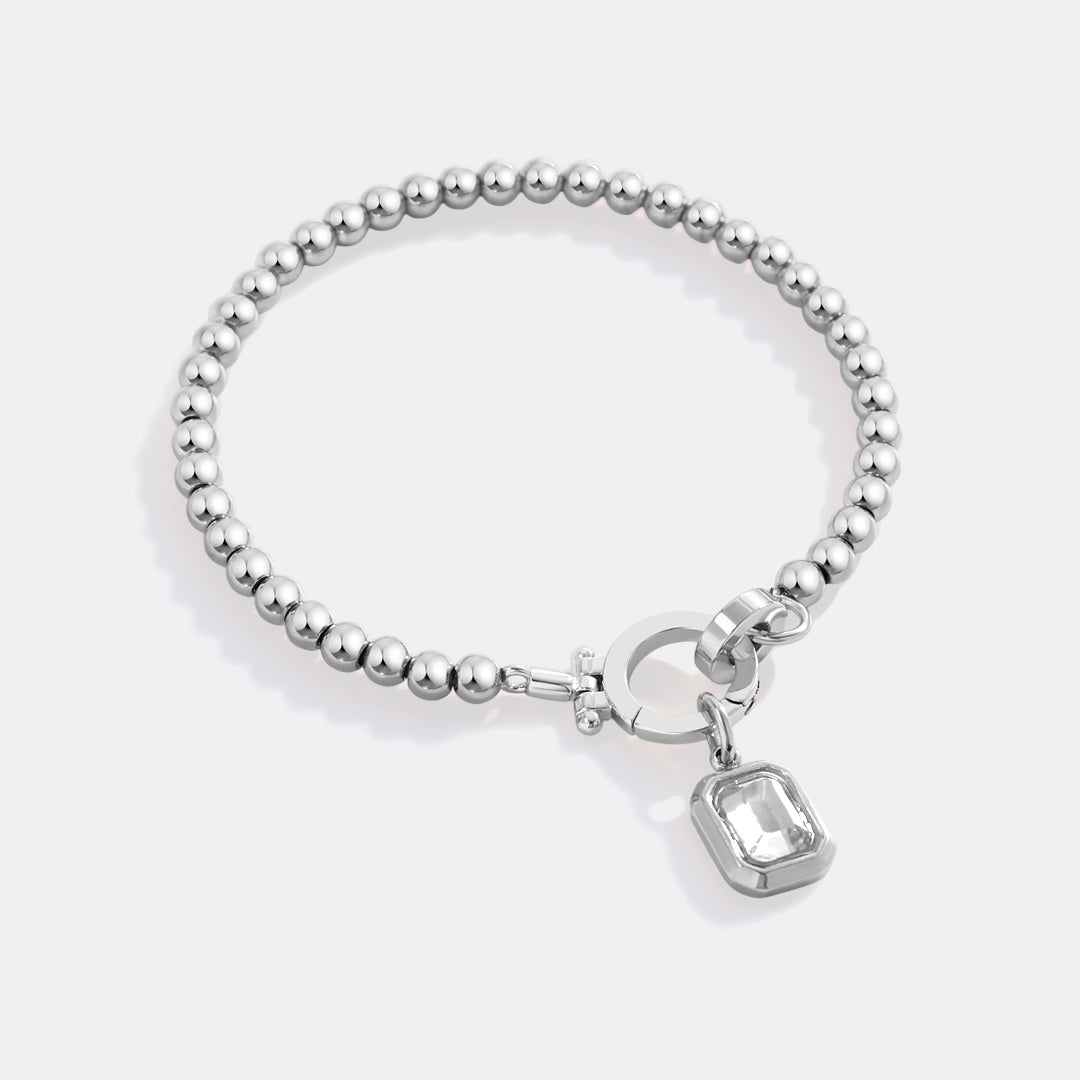 Mint Beaded Bracelet with Baguette Birthstone Charm in April Diamond, silver by Seeyoura