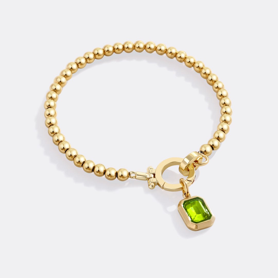 Mint Beaded Bracelet with Baguette Birthstone Charm in August Peridot, gold by Seeyoura