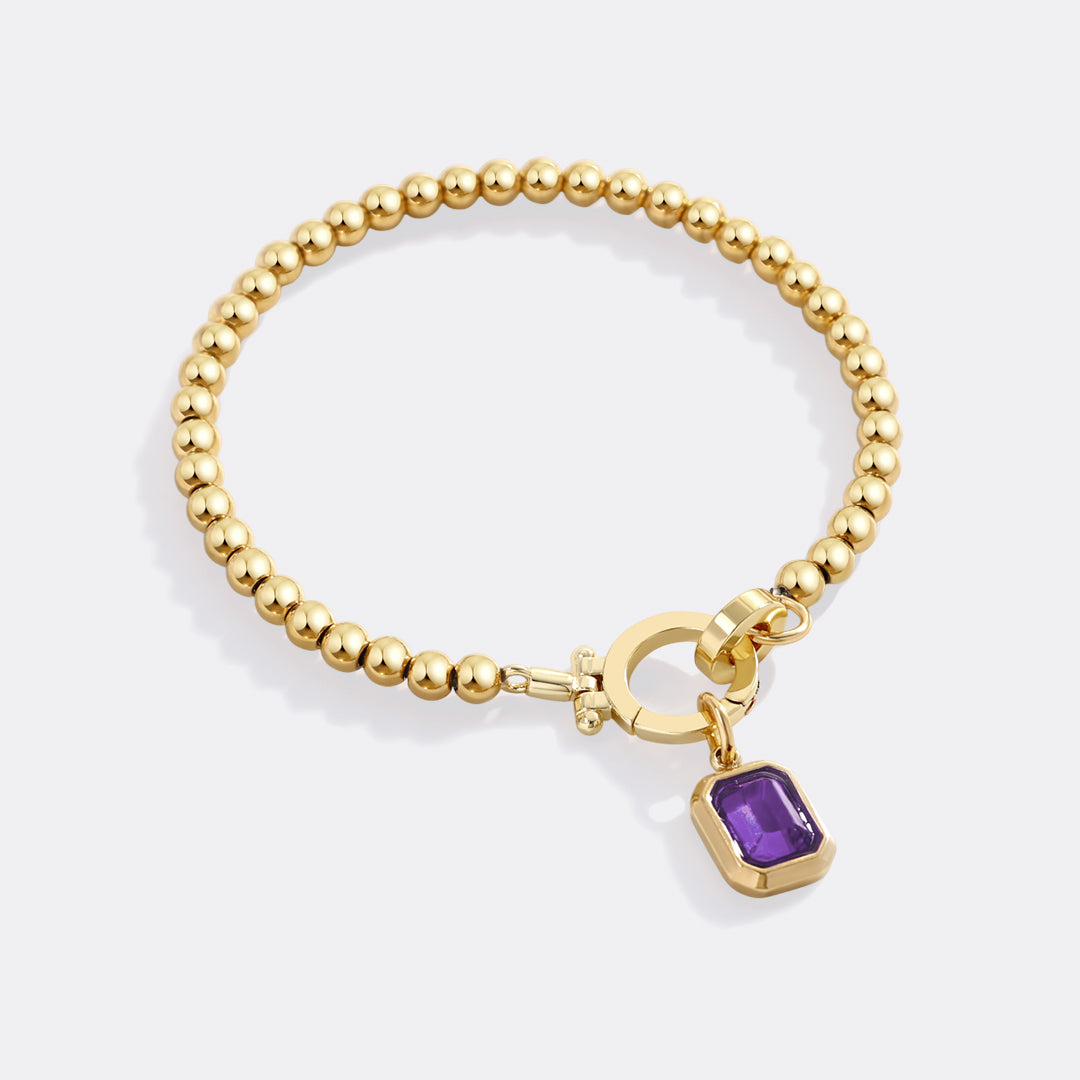 Mint Beaded Bracelet with Baguette Birthstone Charm in February Amethyst, gold by Seeyoura