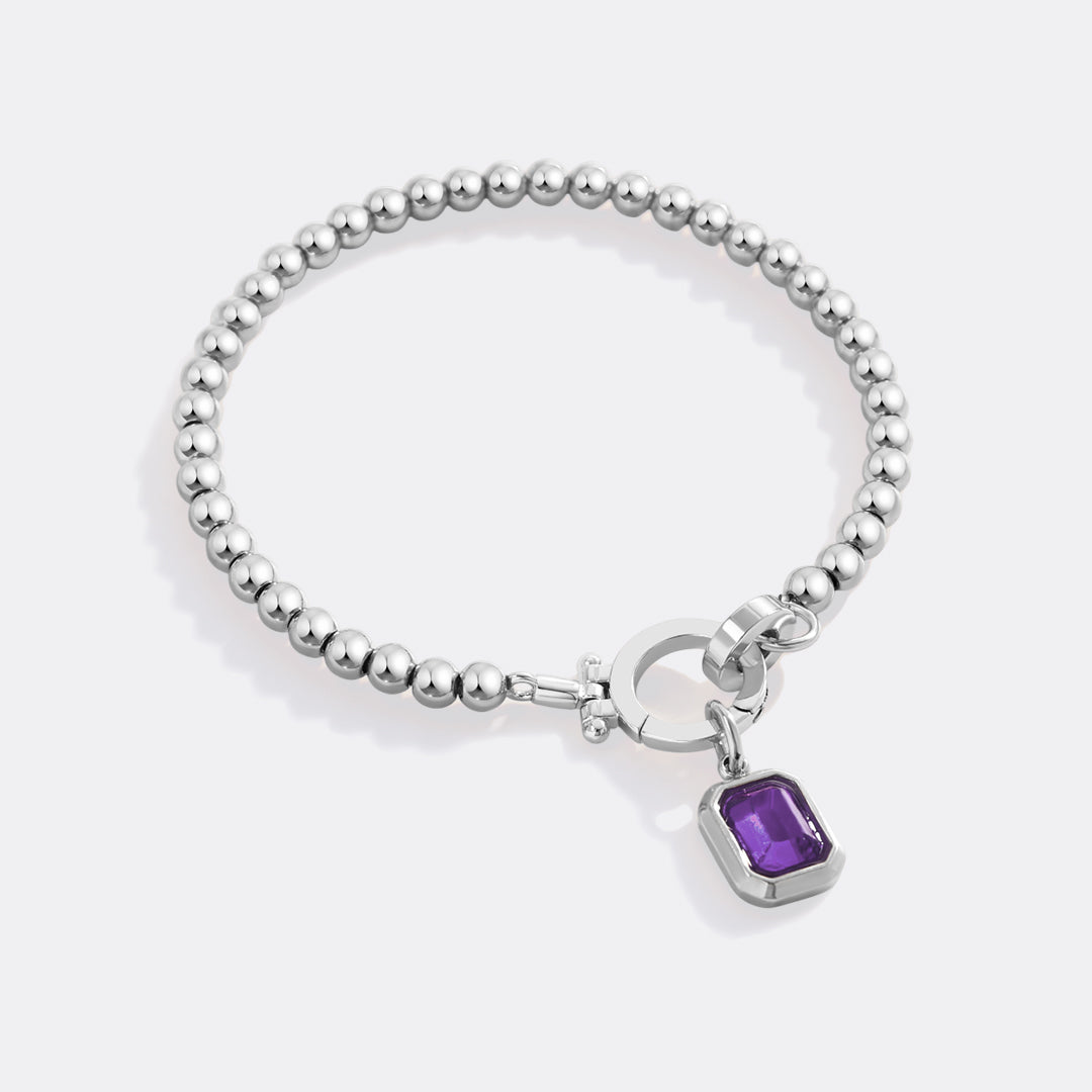 Mint Beaded Bracelet with Baguette Birthstone Charm in February Amethyst, silver by Seeyoura