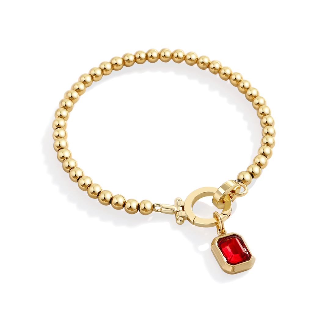 Mint Beaded Bracelet with Baguette Birthstone Charm in July Ruby, gold by Seeyoura