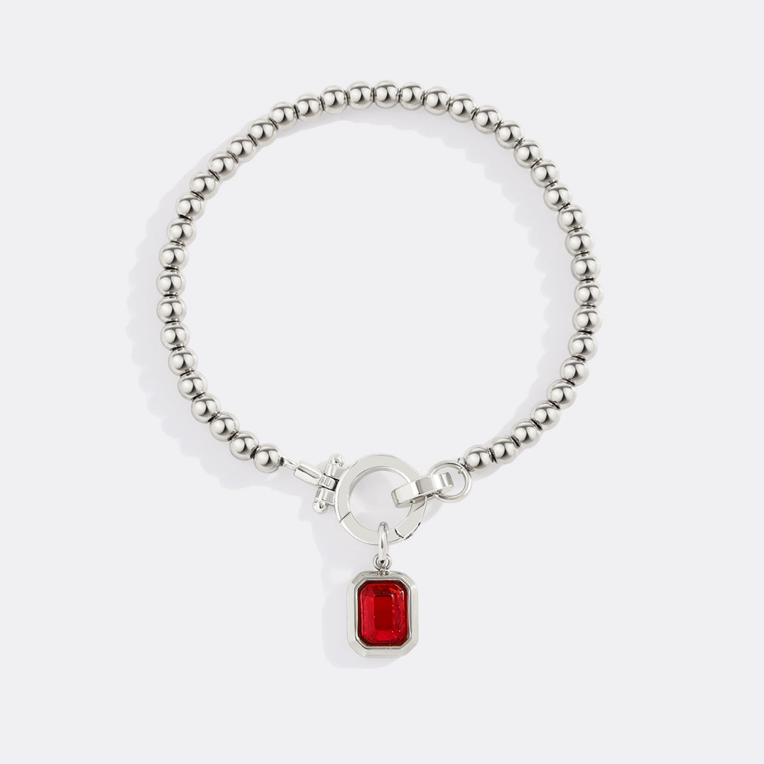Mint Beaded Bracelet with Baguette Birthstone Charm in July Ruby, silver by Seeyoura