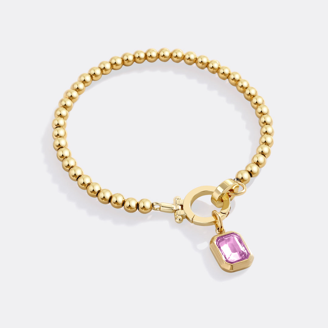 Mint Beaded Bracelet with Baguette Birthstone Charm in October Pink Tourmaline, gold by Seeyoura