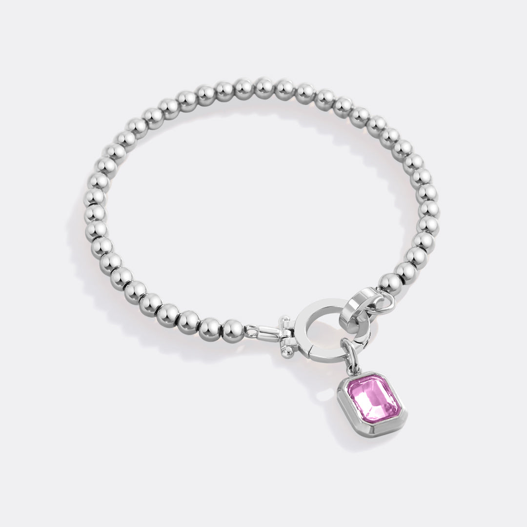 Mint Beaded Bracelet with Baguette Birthstone Charm in October Pink Tourmaline, silver by Seeyoura