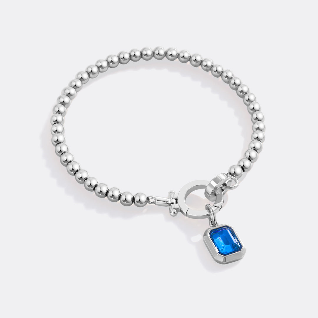 Mint Beaded Bracelet with Baguette Birthstone Charm in September Sapphire, silver by Seeyoura