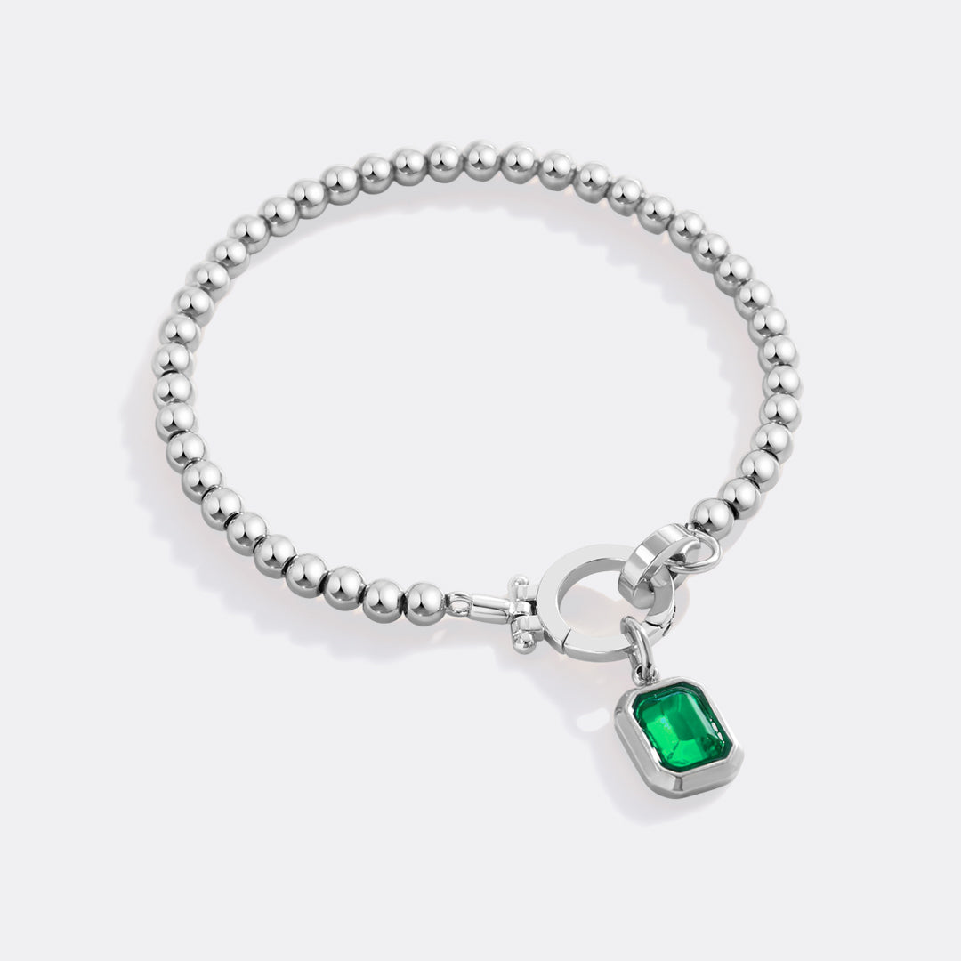 Mint Beaded Bracelet with Baguette Birthstone Charm in silver by Seeyoura