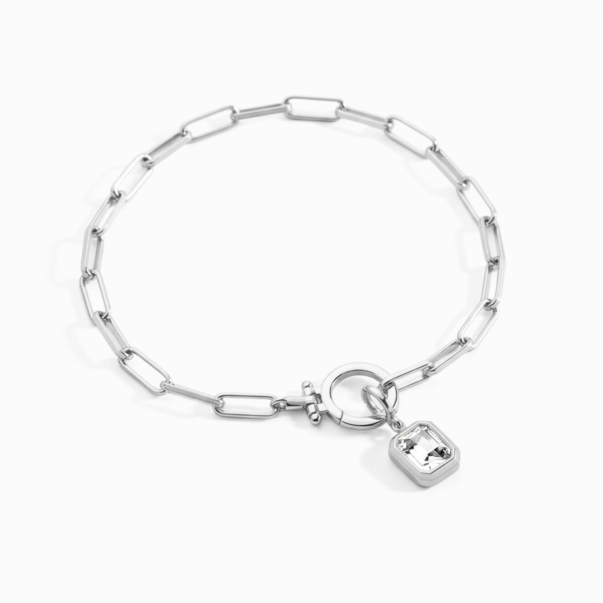 Baguette Birthstone Charm on Mint Paperclip Bracelet in April Diamond, silver by Seeyoura