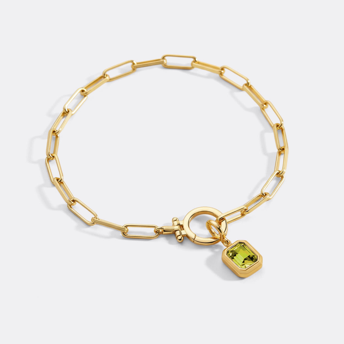 Baguette Birthstone Charm on Mint Paperclip Bracelet in August Peridot, gold by Seeyoura