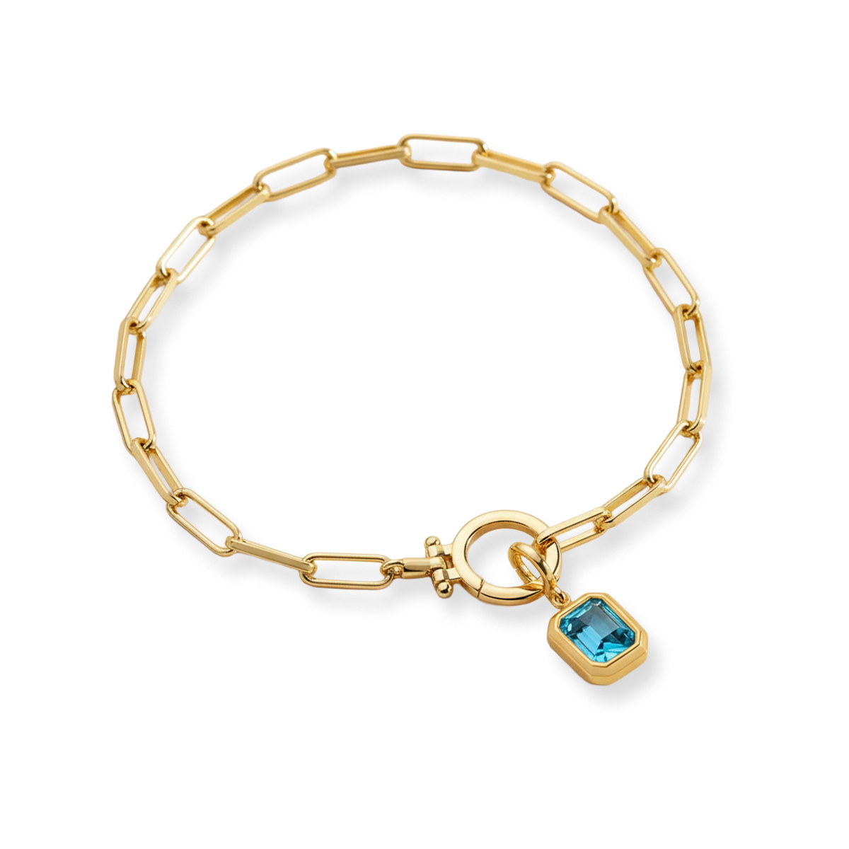 Baguette Birthstone Charm on Mint Paperclip Bracelet in December Blue Topaz, gold by Seeyoura