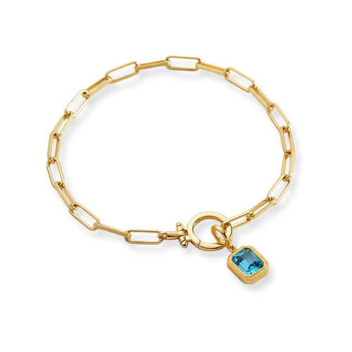 Baguette Birthstone Charm on Mint Paperclip Bracelet in December Blue Topaz, gold by Seeyoura