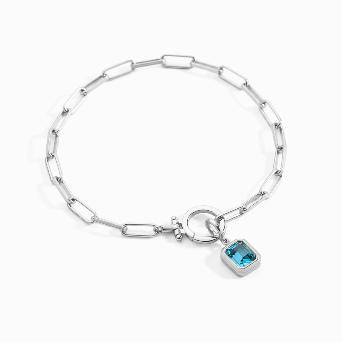 Baguette Birthstone Charm on Mint Paperclip Bracelet in December Blue Topaz, silver by Seeyoura