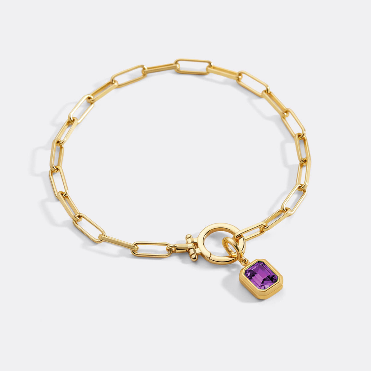 Baguette Birthstone Charm on Mint Paperclip Bracelet in February Amethyst, gold by Seeyoura