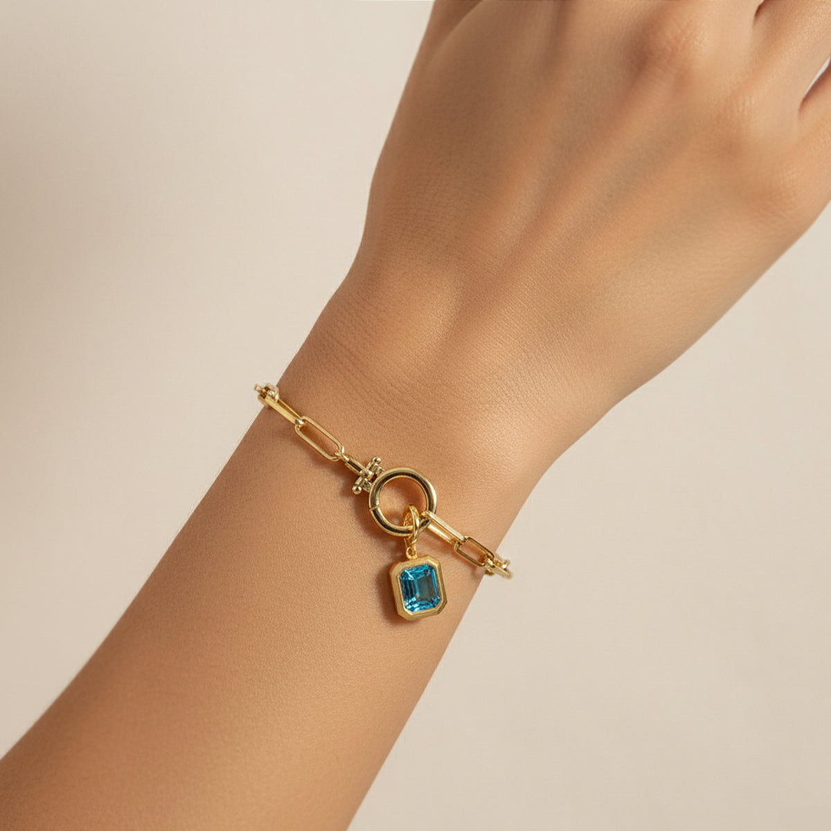 Baguette Birthstone Charm on Mint Paperclip Bracelet by Seeyoura