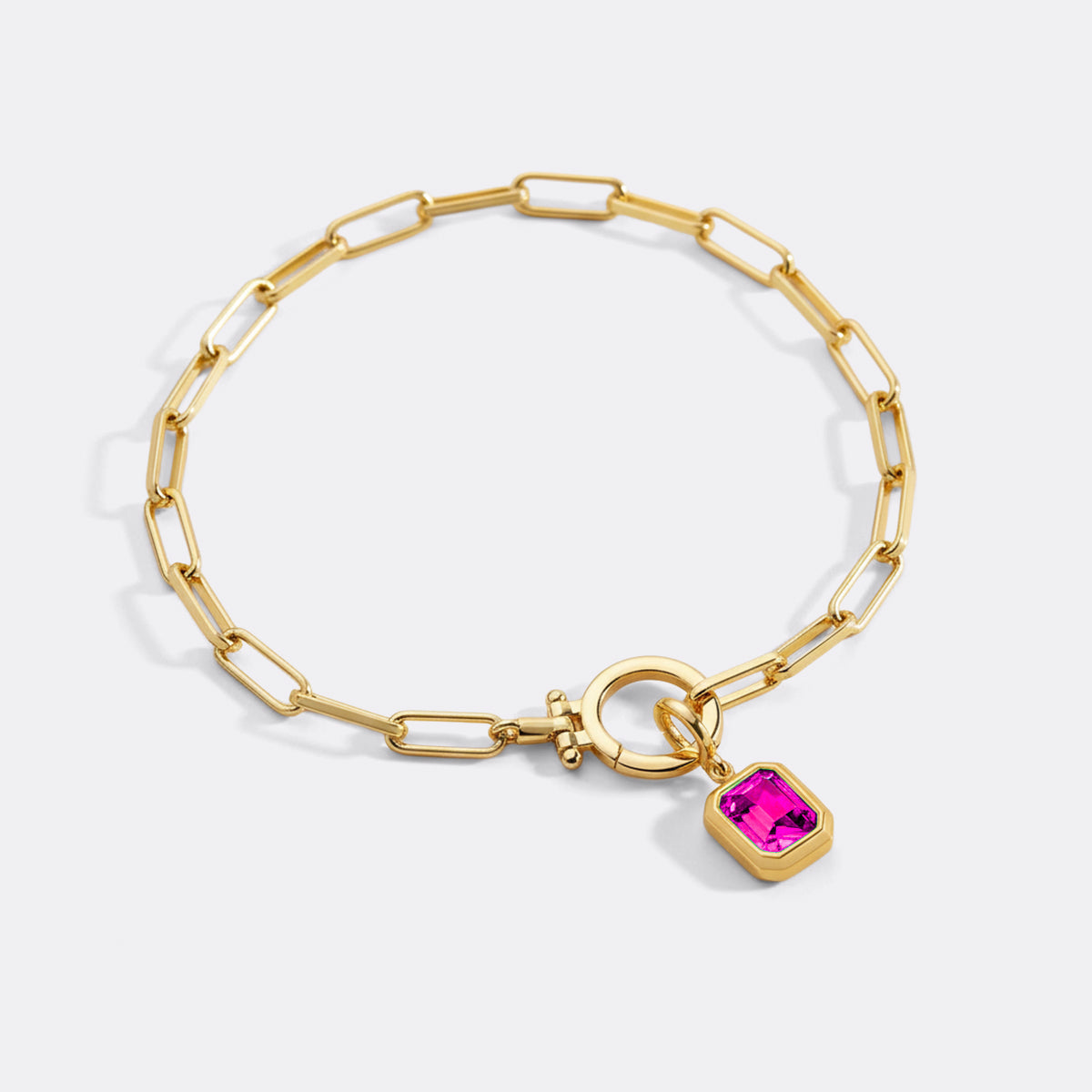 Baguette Birthstone Charm on Mint Paperclip Bracelet in July Ruby, gold by Seeyoura