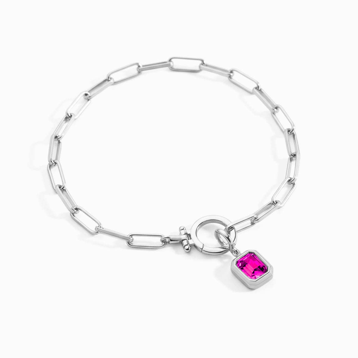 Baguette Birthstone Charm on Mint Paperclip Bracelet in July Ruby, silver by Seeyoura