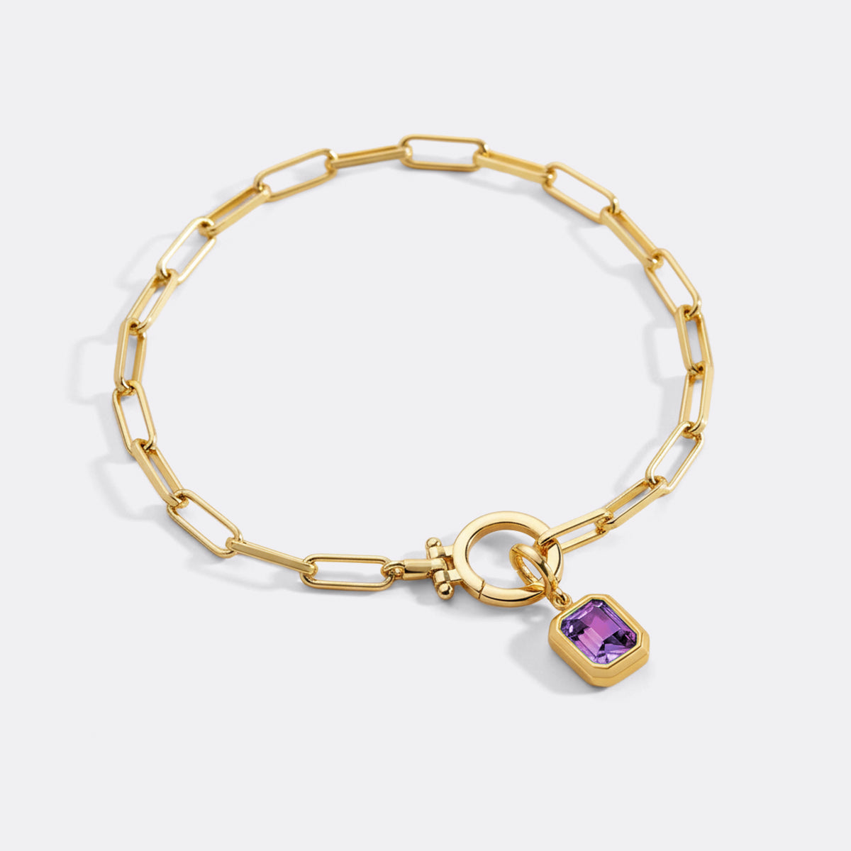 Baguette Birthstone Charm on Mint Paperclip Bracelet in June Alexandrite, gold by Seeyoura