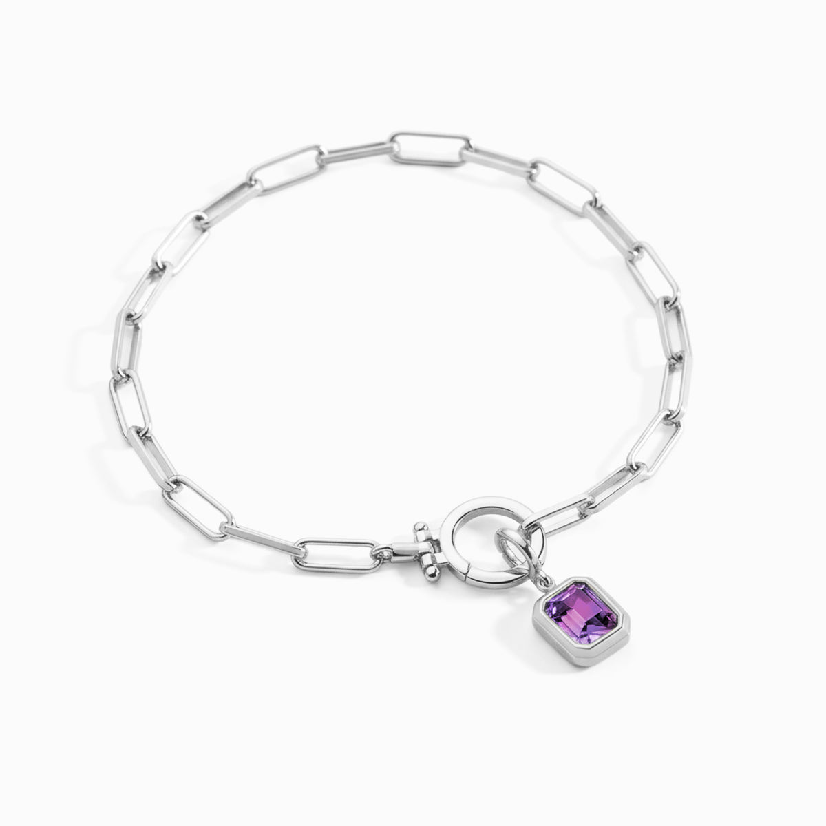 Baguette Birthstone Charm on Mint Paperclip Bracelet in June Alexandrite, silver by Seeyoura