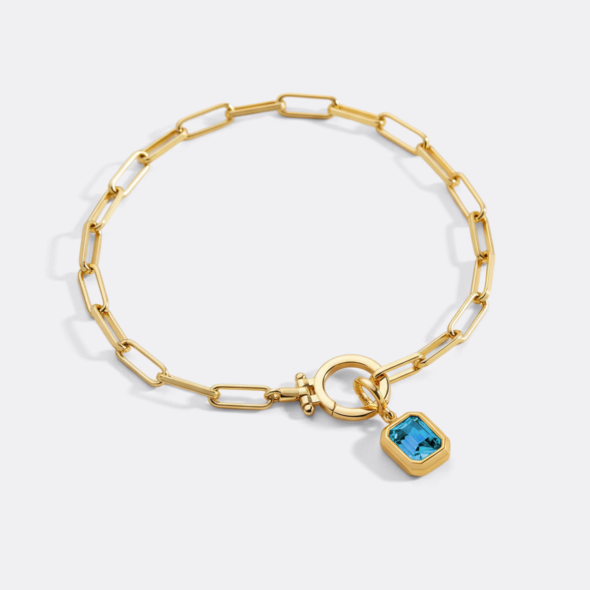 Baguette Birthstone Charm on Mint Paperclip Bracelet in March Aquamarine, gold by Seeyoura