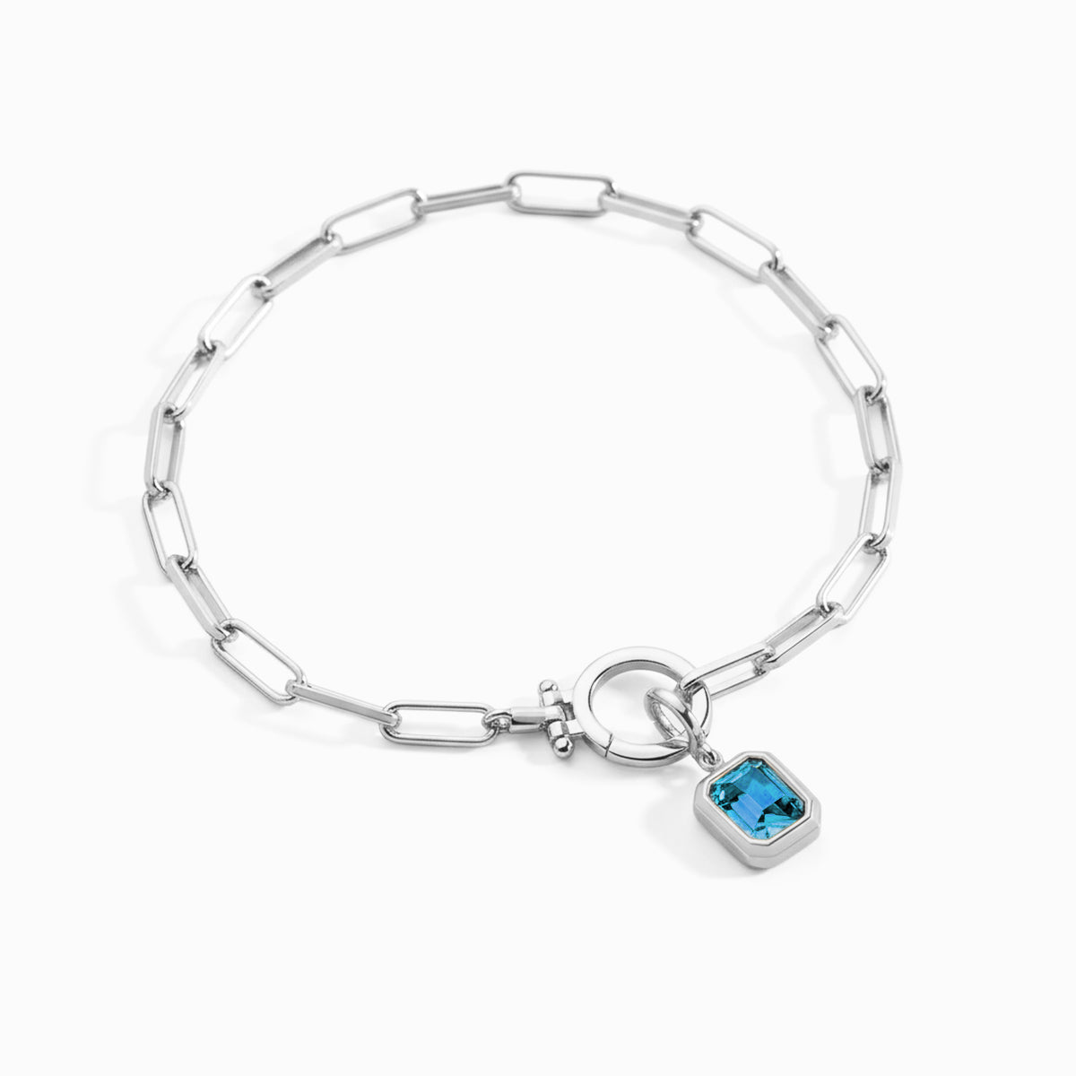 Baguette Birthstone Charm on Mint Paperclip Bracelet in March Aquamarine, silver by Seeyoura