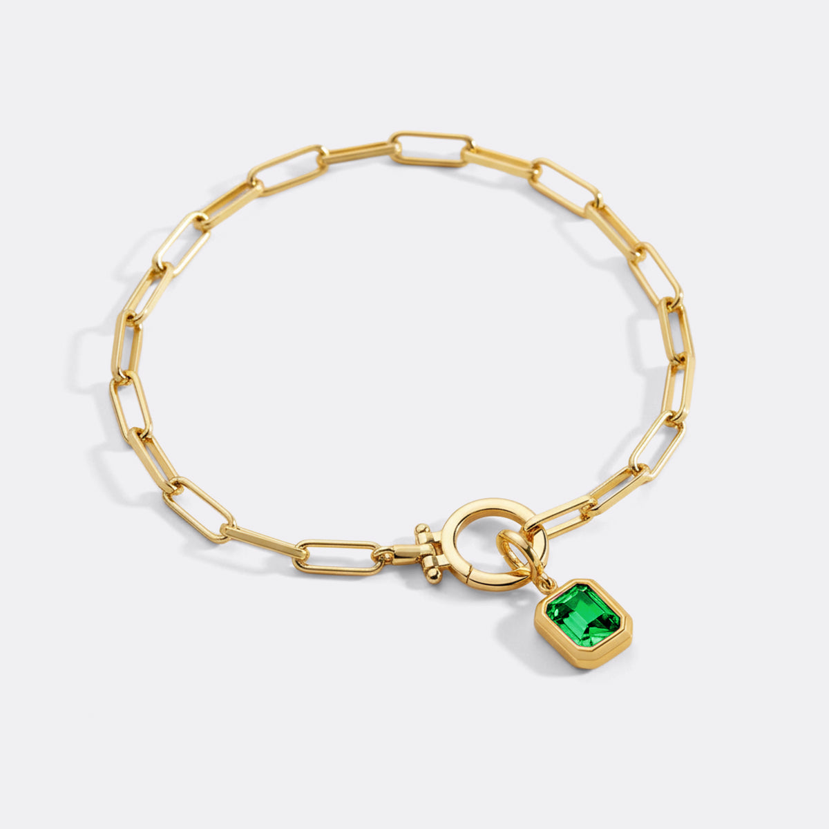 Baguette Birthstone Charm on Mint Paperclip Bracelet in May Emerald, gold by Seeyoura