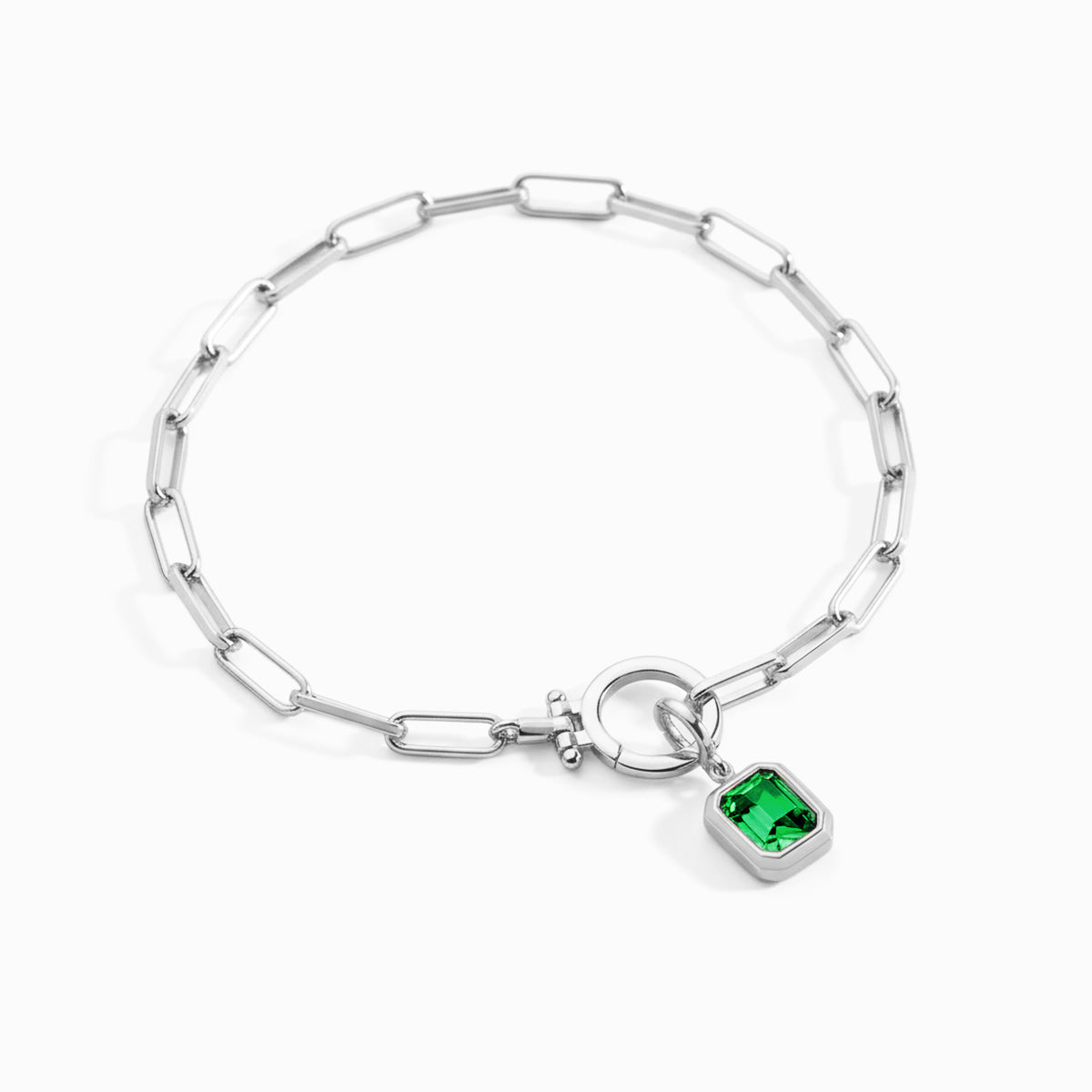 Baguette Birthstone Charm on Mint Paperclip Bracelet in May Emerald, silver by Seeyoura