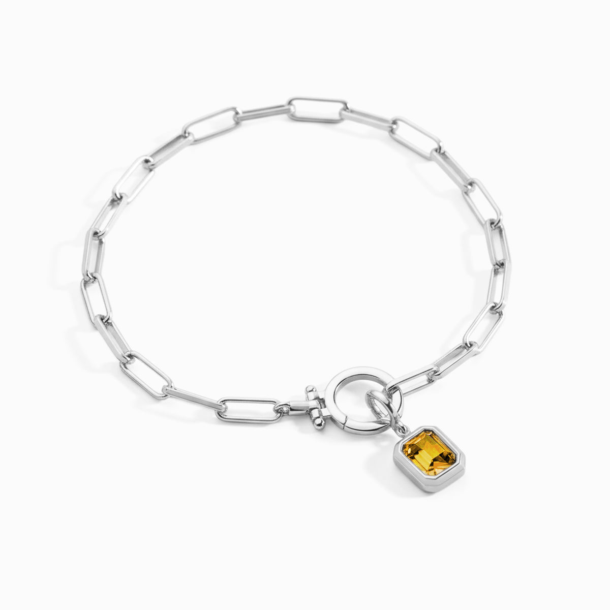 Baguette Birthstone Charm on Mint Paperclip Bracelet in November Citrine, silver by Seeyoura