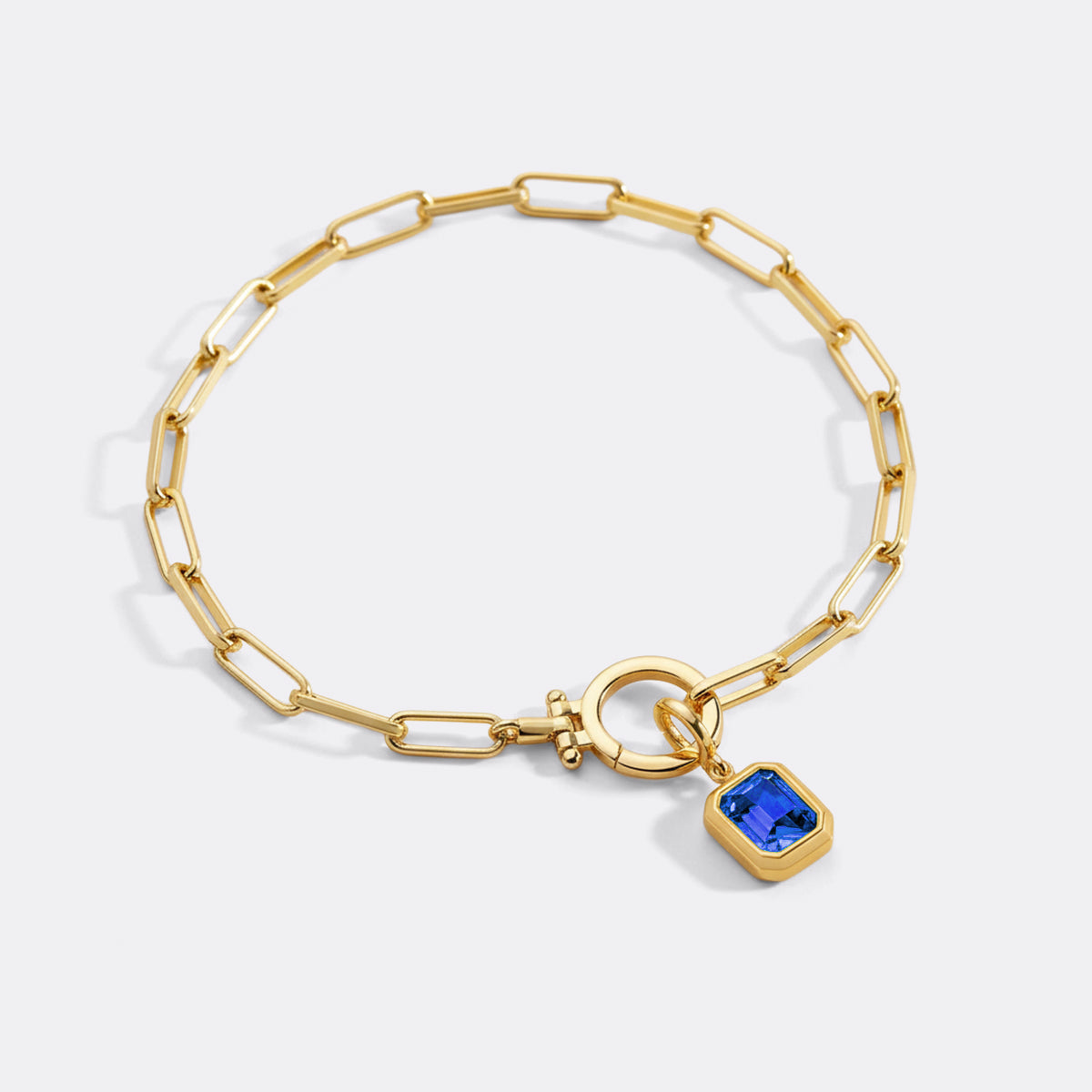 Baguette Birthstone Charm on Mint Paperclip Bracelet in September Sapphire, gold by Seeyoura