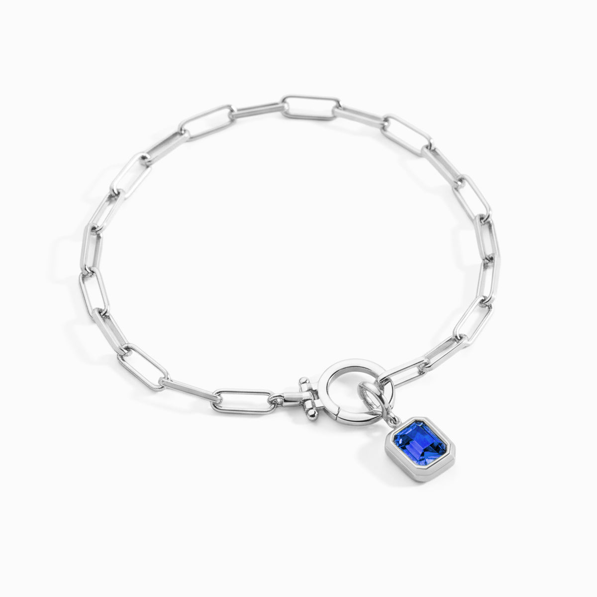 Baguette Birthstone Charm on Mint Paperclip Bracelet in September Sapphire, silver by Seeyoura