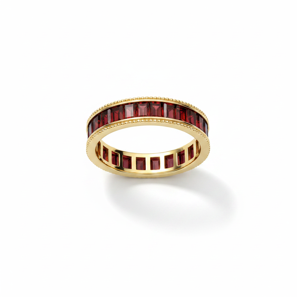 Baguette Birthstone Eternity Band in january-garnet by Seeyoura
