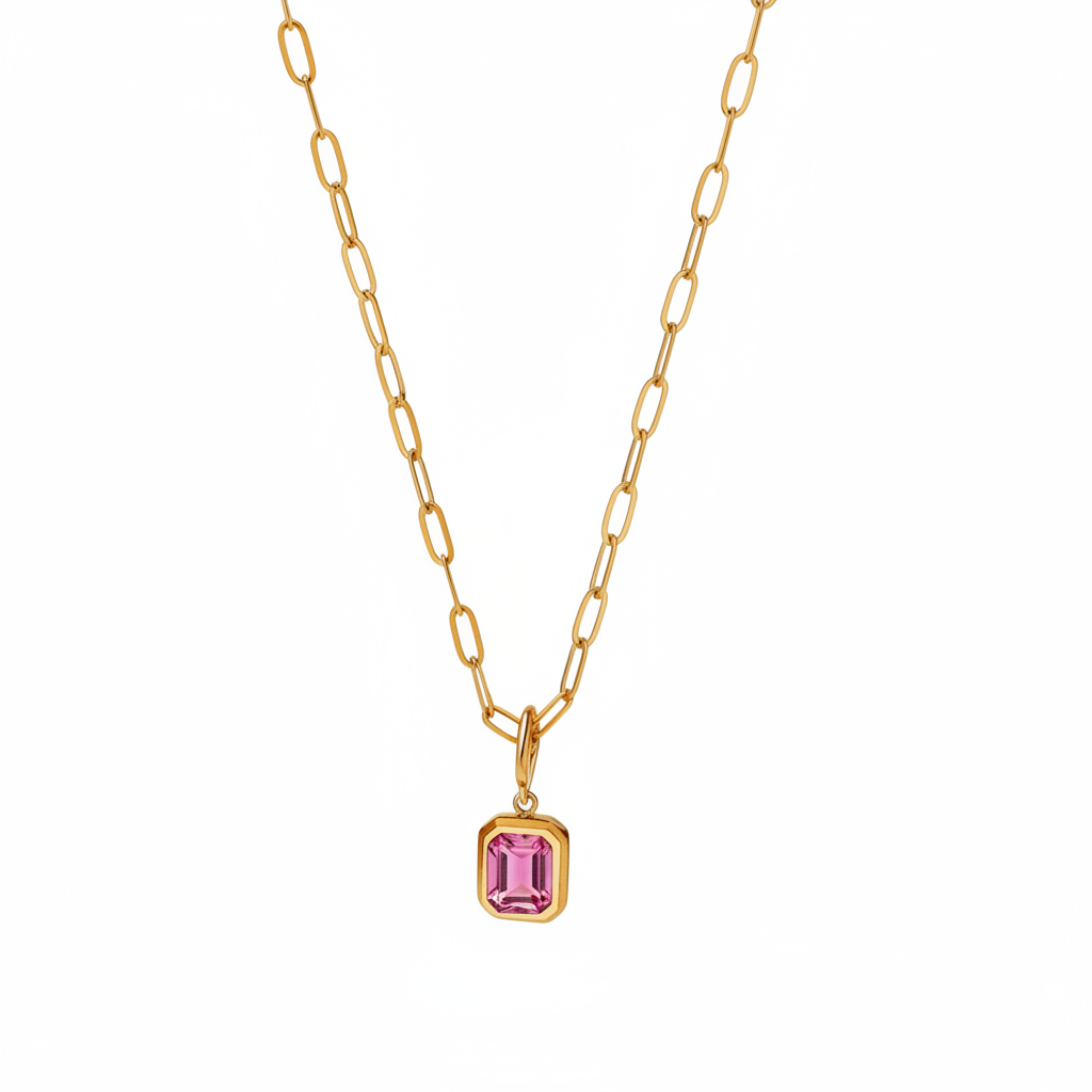 Baguette Birthstone Necklace in pink-tourmaline-october, 16" by Seeyoura