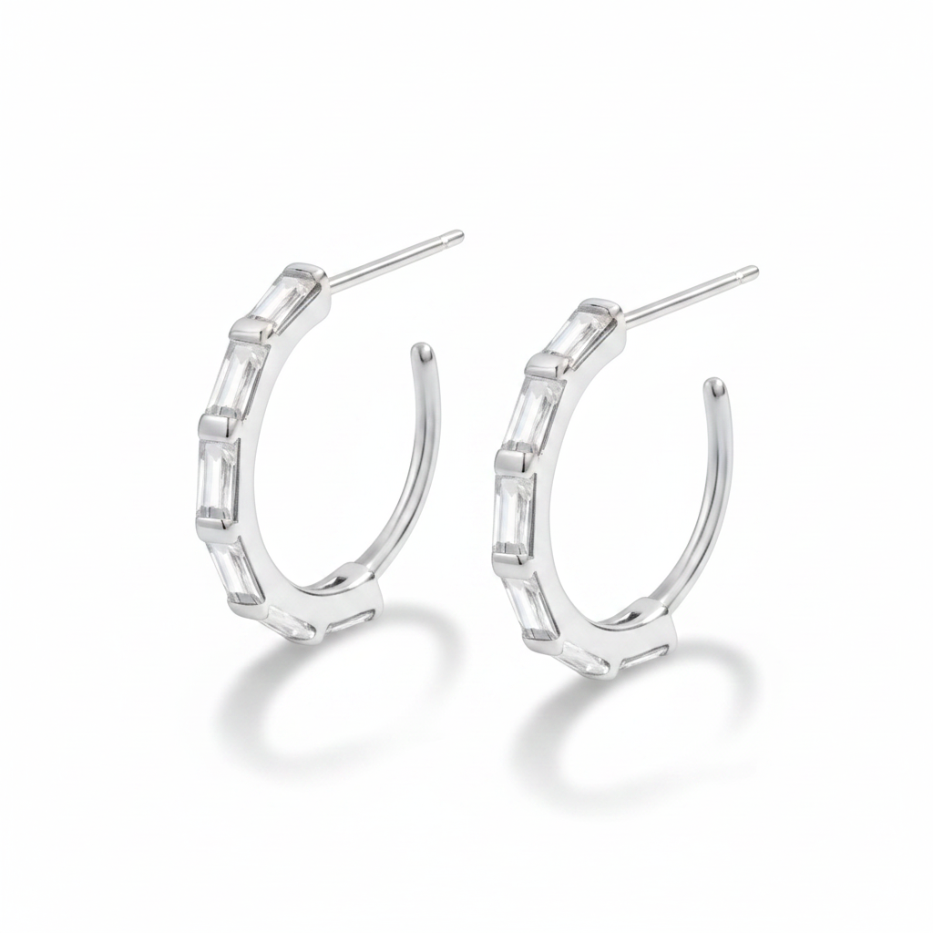 Baguette Diamond Hoop Earrings in 925-sterling-silver by Seeyoura