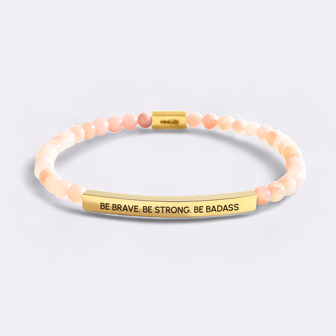Be Brave. Be Strong. Be Badass Beaded Inspire Bracelet in gold-plate-and-rose-quartz by Seeyoura