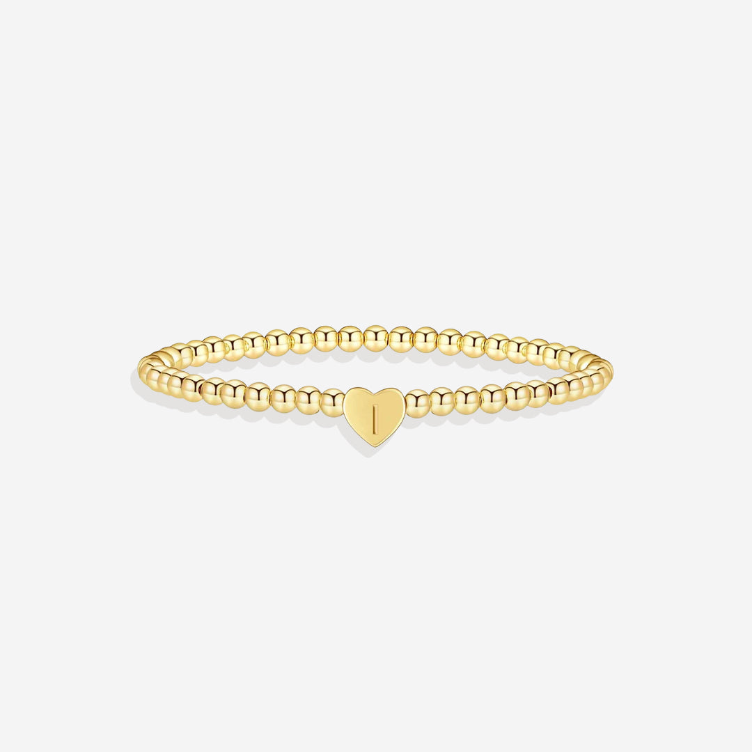 Gold Beaded Bracelet with Heart Initial in gold, I by Seeyoura
