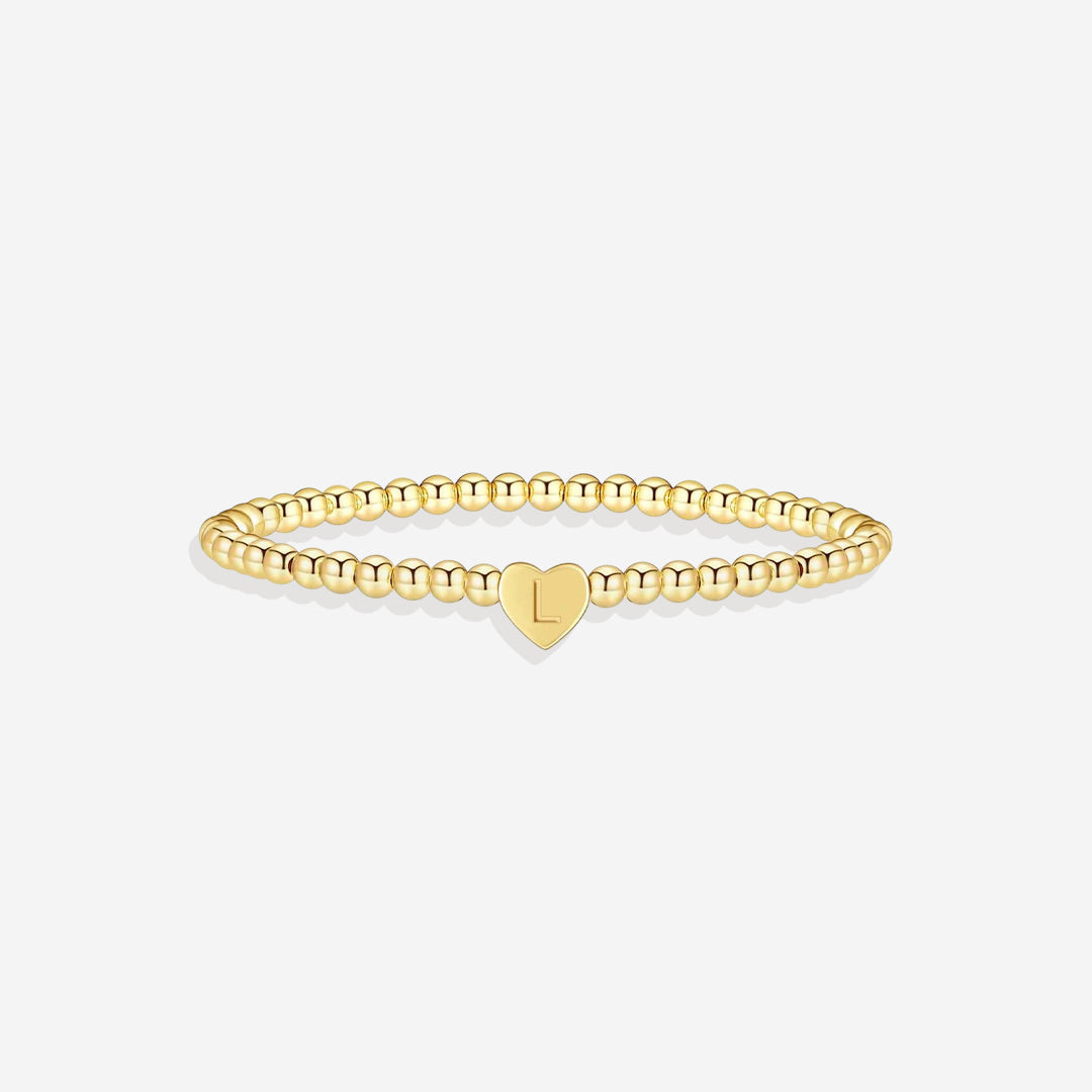 Gold Beaded Bracelet with Heart Initial in gold, L by Seeyoura